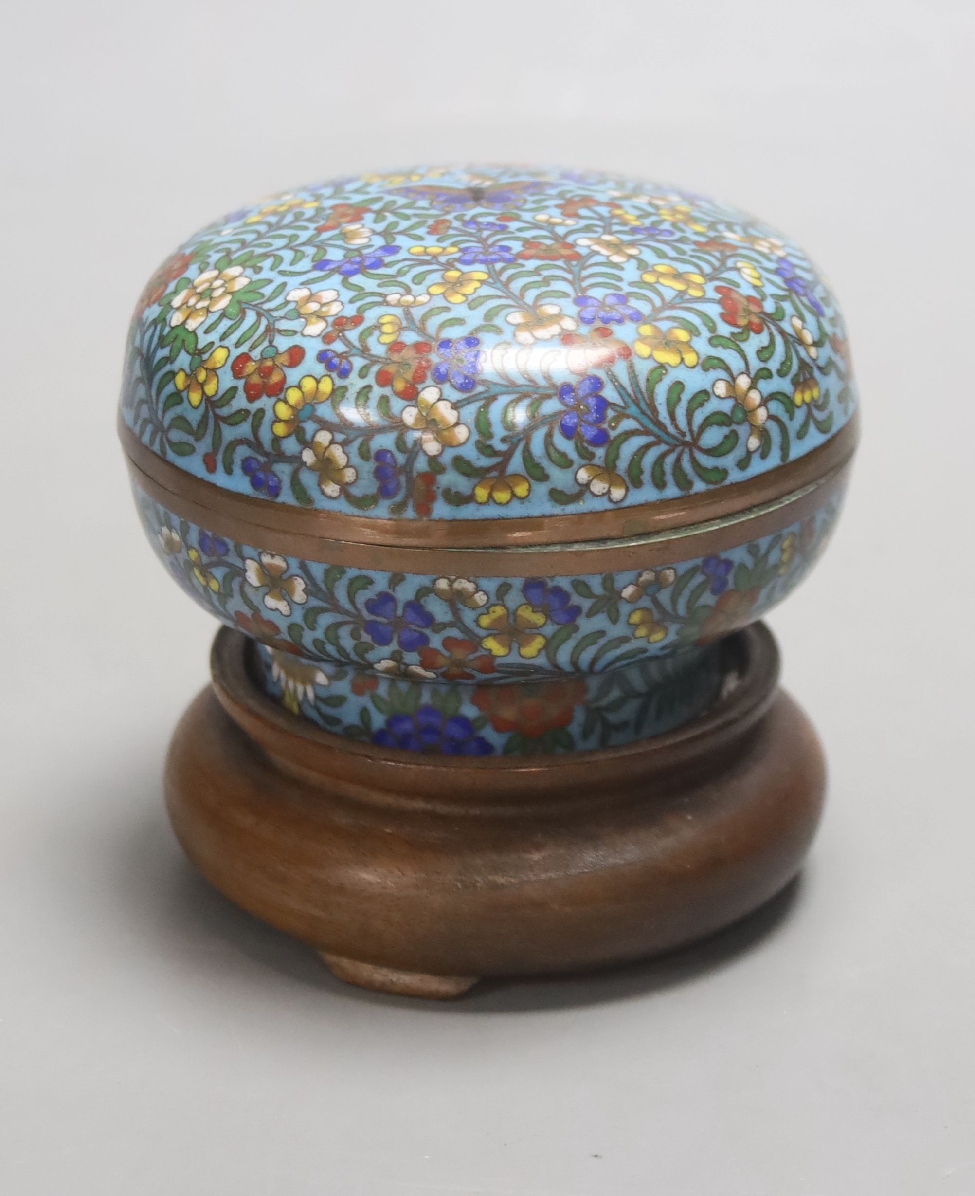 A 19th century Japanese blue ground cloisonne box on stand, height 9cm